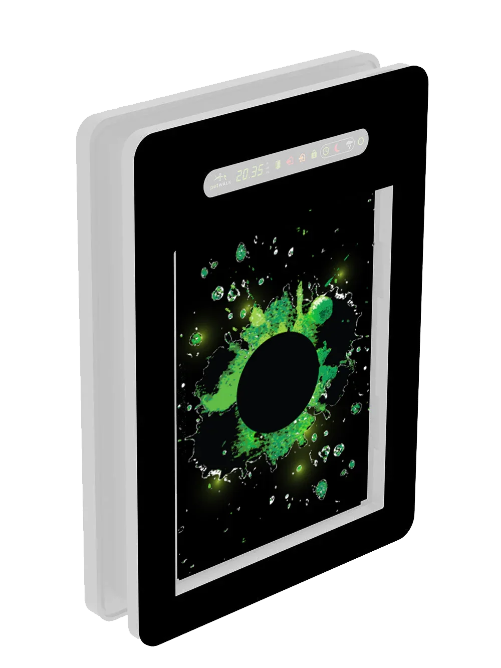 Smart pet door with digital display, green splash design, and energy-efficient features for pets.