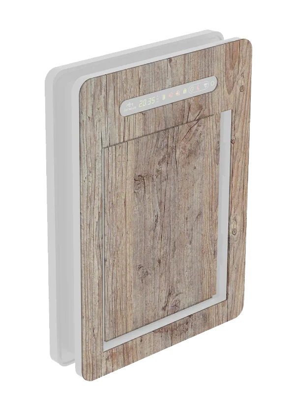 Smart pet door with wood finish, digital display, and chip access for energy-efficient pet entry