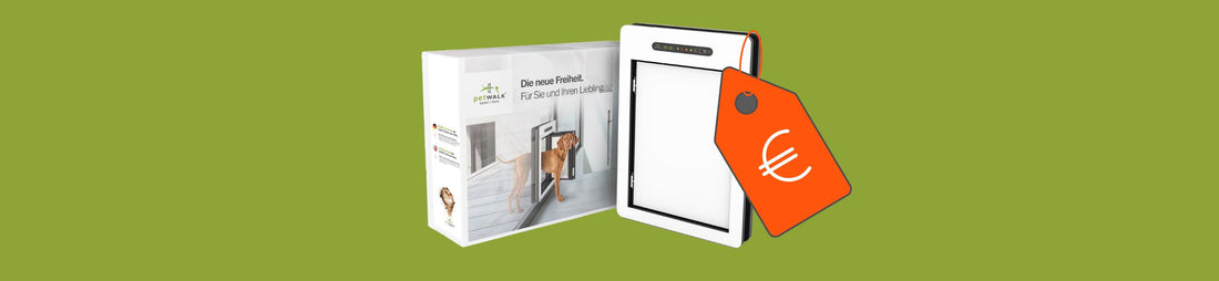 petWALK pet door with packaging and price tag, energy-efficient & chip-accessible for dogs