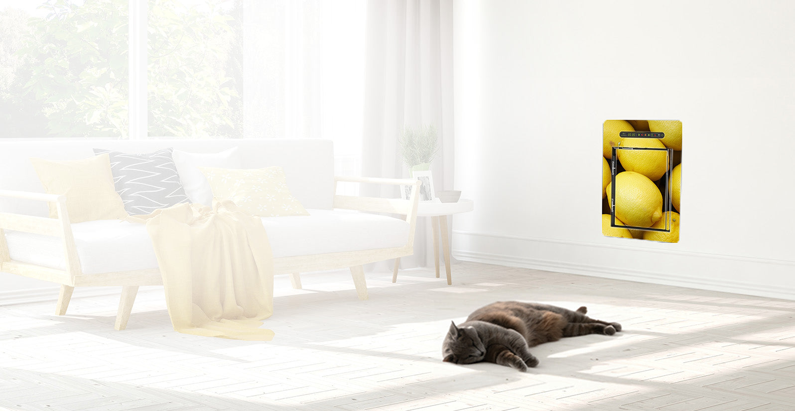 Katze schläft in einem Stilvoll eingerichteten Wohnzimmer neben einer peppigen petWALK Tür im Zitronen-Design.