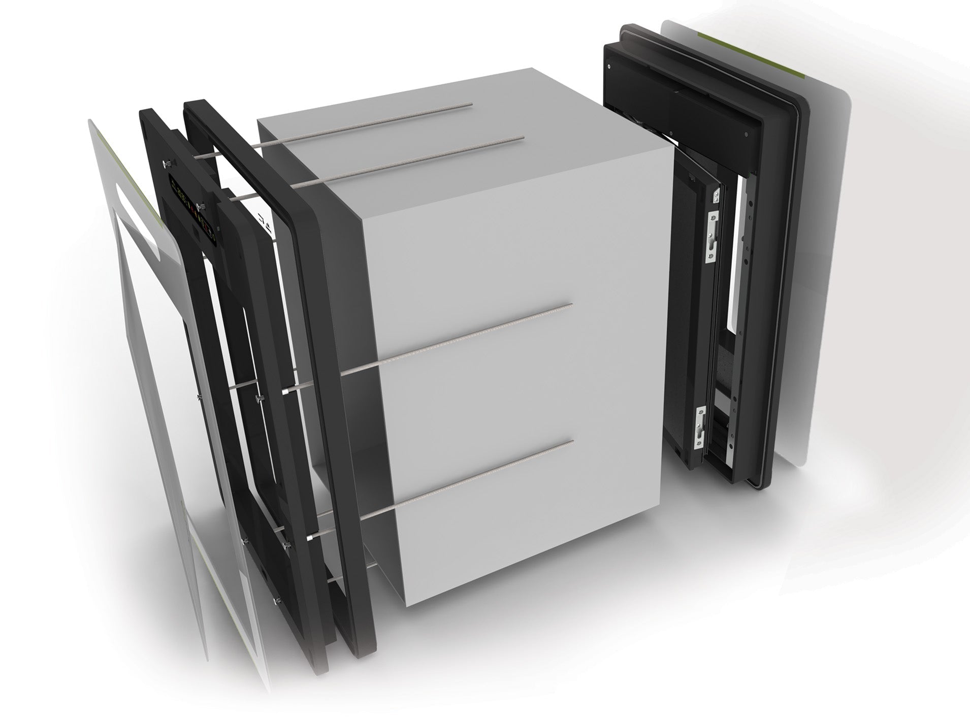 Explosionszeichnung der petWALK Tiertüre, wo man die verschiedenen Komponenten aus der sie besteht, sehen kann.